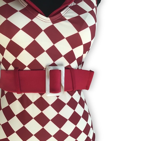 Retro Stage One Piece Diamond Burgundy Swimsuit - Picture 4 of 10